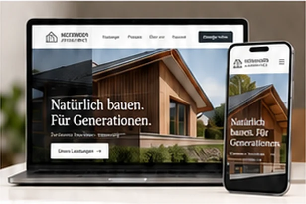 Designkonzept Dienstleistung und Handwerk: Holzbau-Website auf Laptop und Smartphone