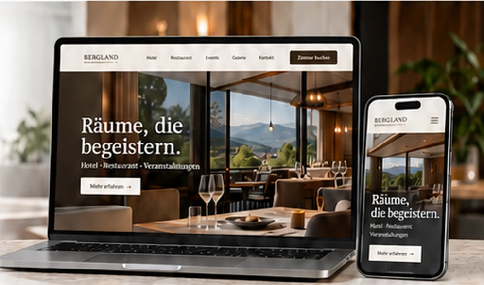 Designkonzept Bergland: Website eines Hotels mit Restaurant auf Laptop und Smartphone
