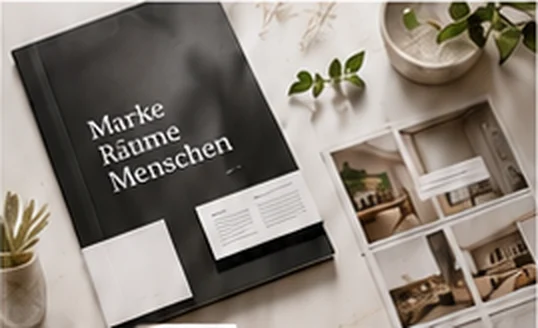Broschüre mit dem Titel Marke, Räume, Menschen neben Fotodrucken